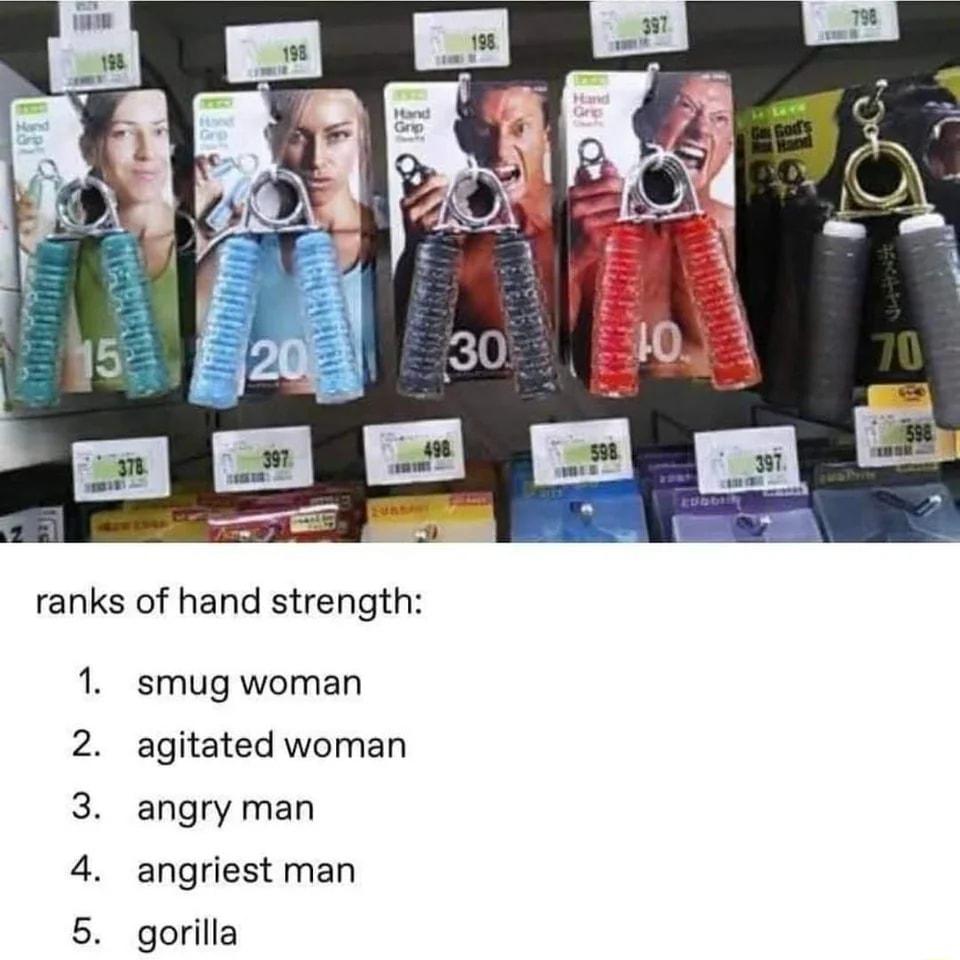 ranks of hand strength 1 2 3 4 5 smug woman agitated woman angry man angriest man gorilla