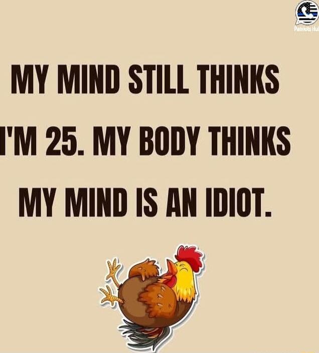 MY MIND STILL THINKS IM 25 MY BODY THINKS MY MIND IS AN IDIOT