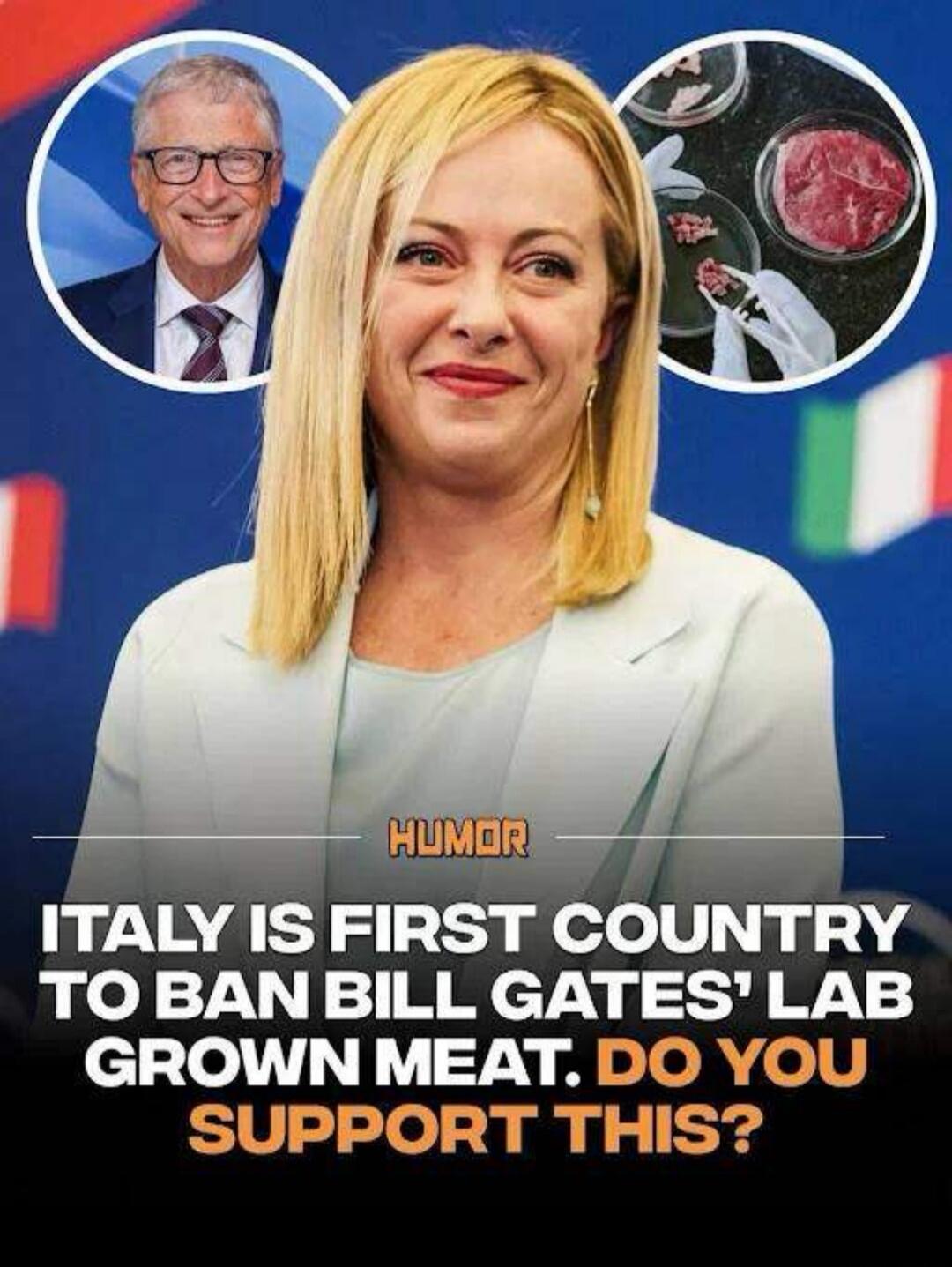 HUMOR ITALY IS FIRST COUNTRY TO BAN BILL GATES' LAB GROWN MEAT. DO YOU SUPPORT THIS?