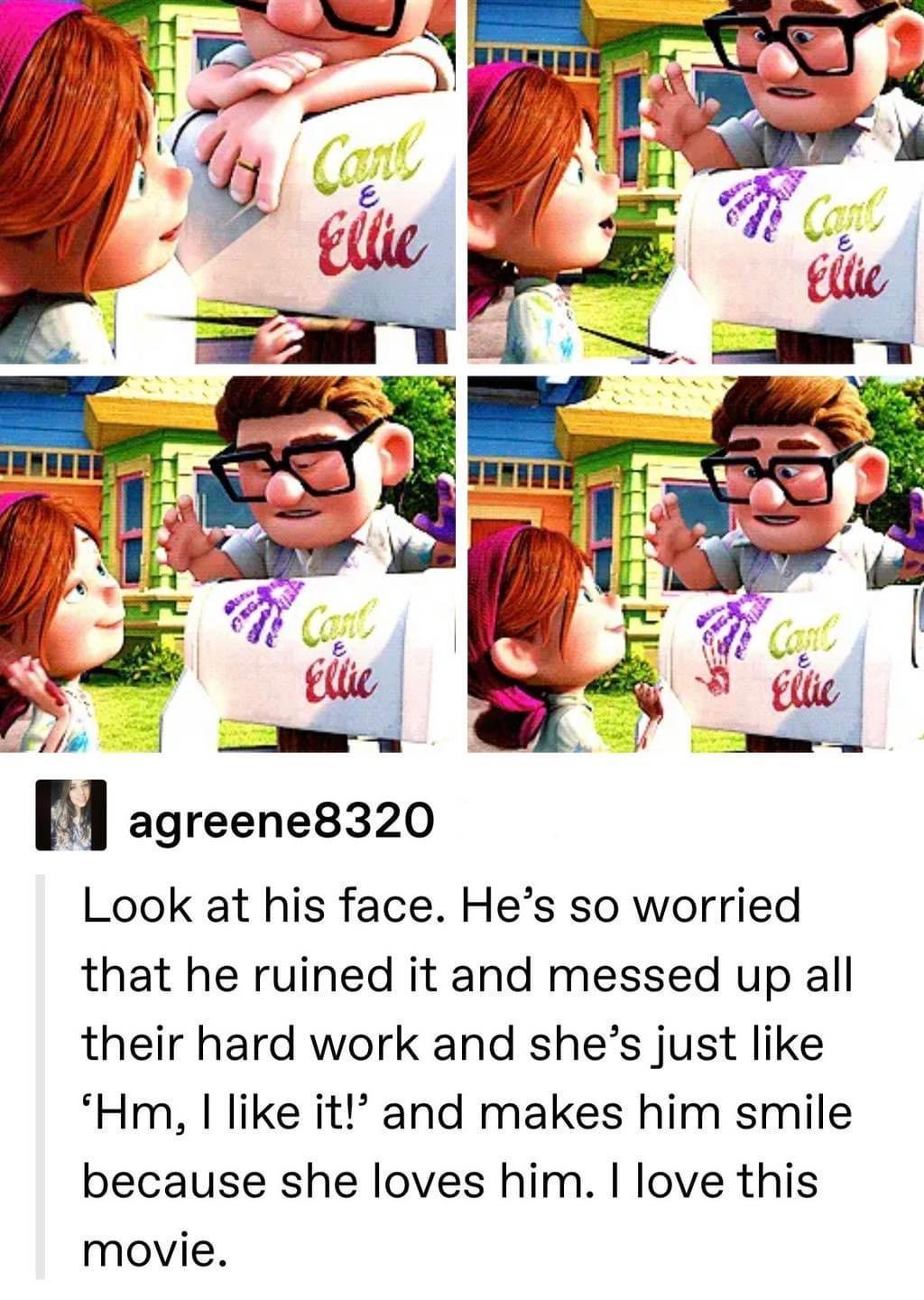 n agreene8320 Look at his face Hes so worried that he ruined it and messed up all their hard work and shes just like Hm like it and makes him smile because she loves him love this movie