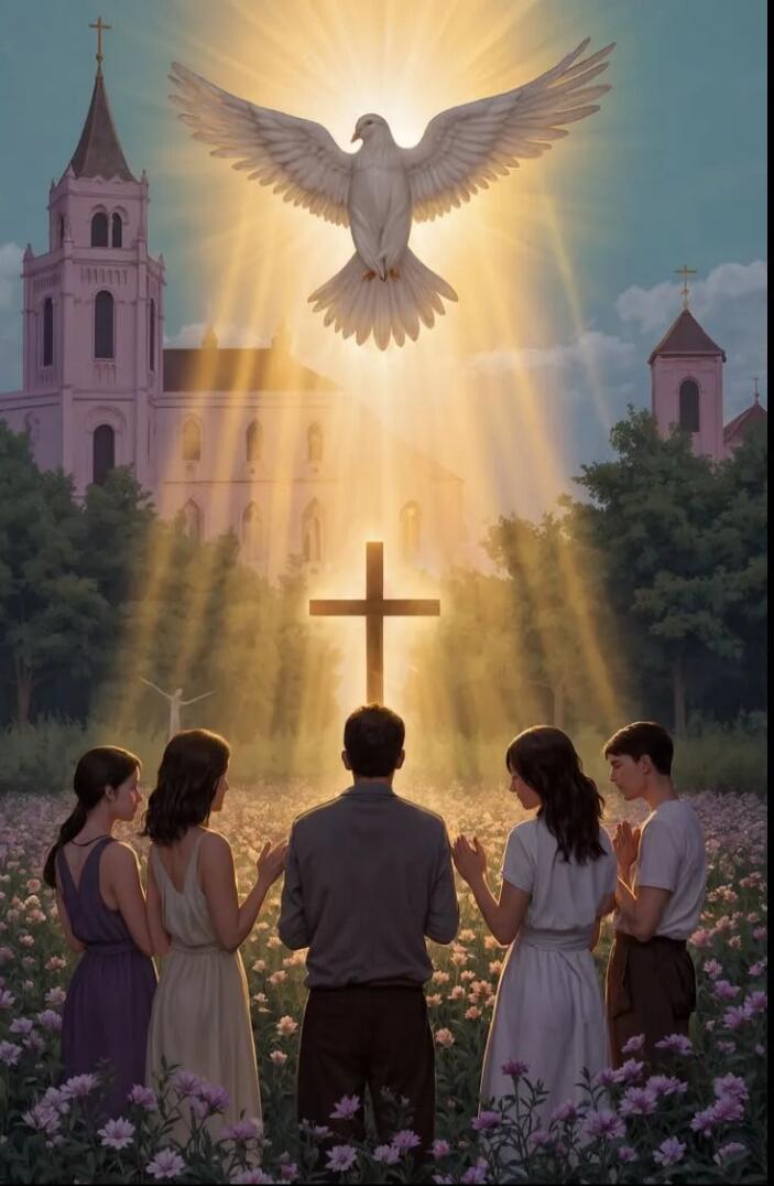 A dove soars above a glowing cross in a field of flowers, with rays of light shining down. A group of people stands in a circle, hands raised in prayer, as a church and trees frame the background.