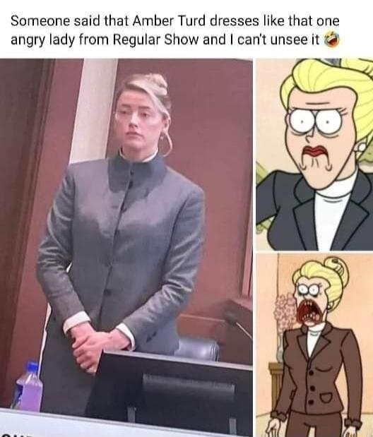 Someone said that Amber Turd dresses like that one angry lady from Regular Show and I can't unsee it 😂. The image shows Amber Heard in a grey suit with a high collar, standing in what appears to be a courtroom. Next to her are two cartoon images of a character from the animated series 