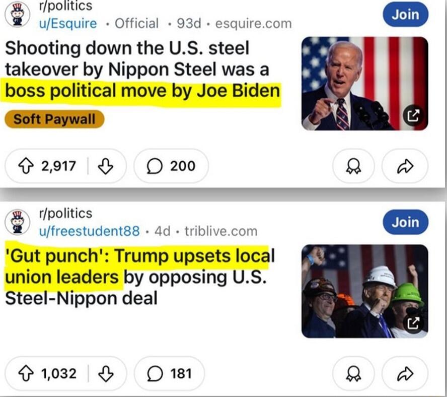 W Thownxe R Uecaure offcia 934 esauircom Shooting down the US steel takeover by Nippon Steel was a boss political move by Joe Biden 2907 O 200 rlpolitics B yfreestudent88 4d triblivecom Gut punch Trump upsets local union leaders by opposing US Steel Nippon deal 032 O oRt1 oy o