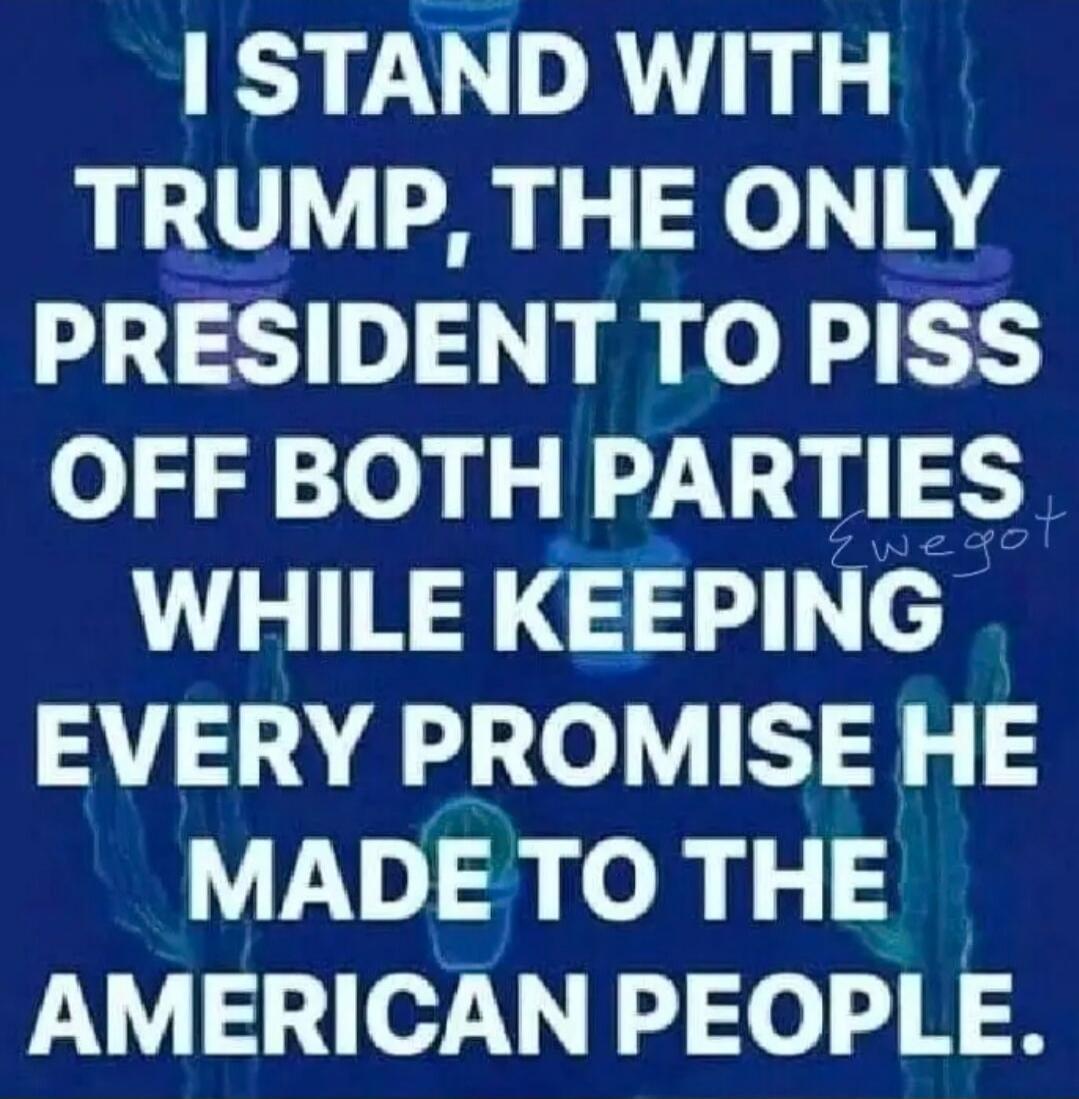 I STAND WITH TRUMP, THE ONLY PRESIDENT TO PISS OFF BOTH PARTIES WHILE KEEPING EVERY PROMISE HE MADE TO THE AMERICAN PEOPLE.