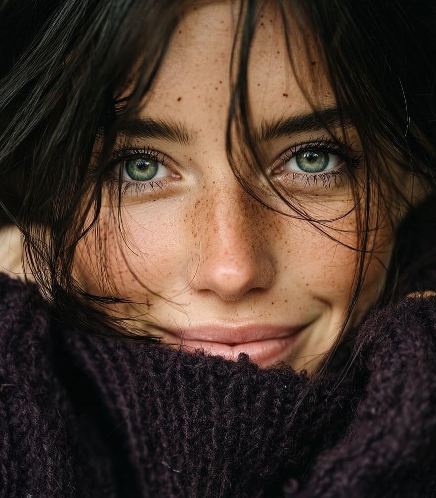 A close-up portrait of a young woman with freckles and green eyes, smiling softly.