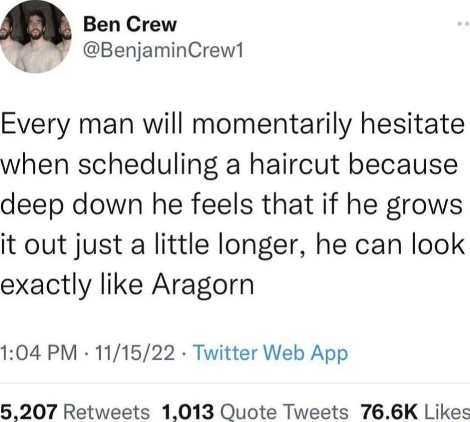 Ben Crew BenjaminCrew1 Every man will momentarily hesitate when scheduling a haircut because deep down he feels that if he grows it out just a little longer he can look exactly like Aragorn 104 PM 111522 Twitter Web App 5207 Retweets 1013 Quote Tweets 766K Likes