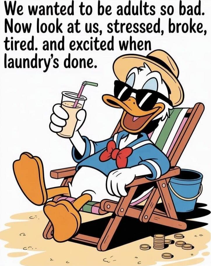 We wanted to be adults so bad. Now look at us, stressed, broke, tired, and excited when laundry's done.