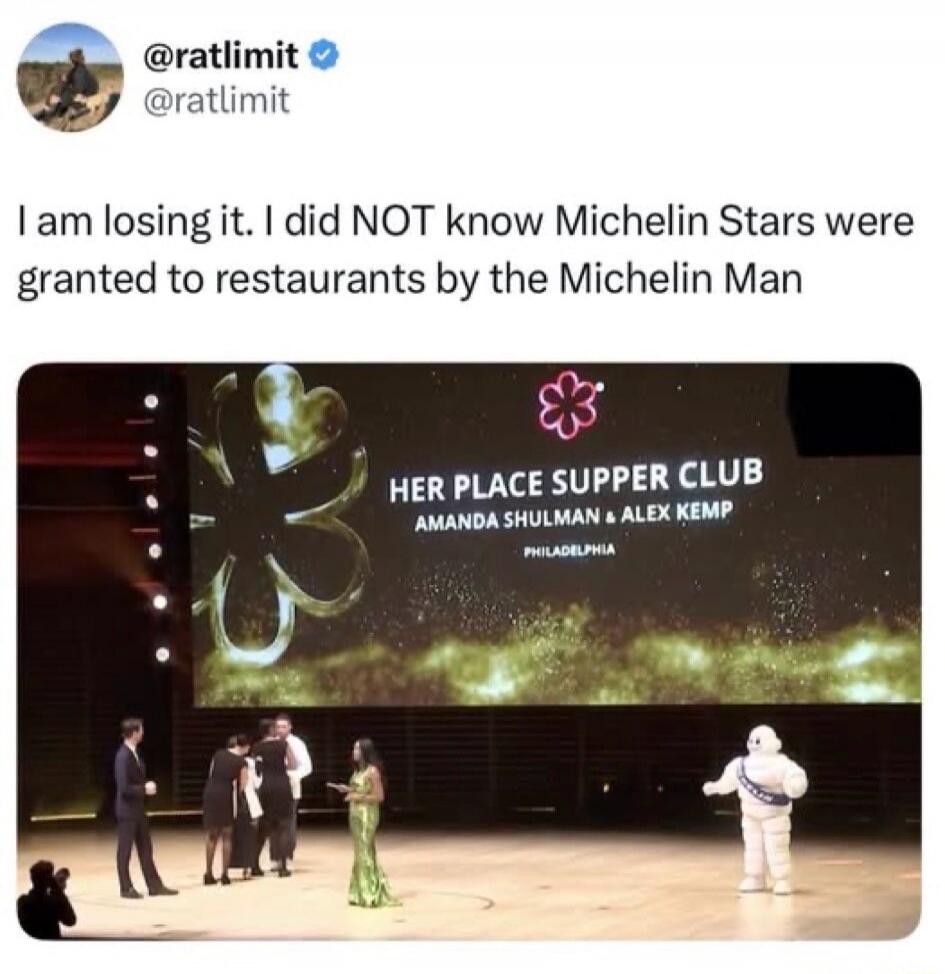 I am losing it. I did NOT know Michelin Stars were granted to restaurants by the Michelin Man