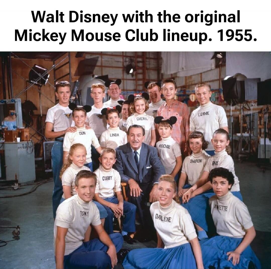Walt Disney with the original Mickey Mouse Club lineup. 1955.