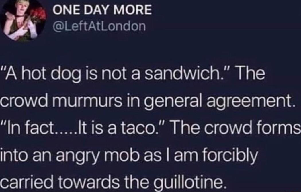 ONE DAY MORE LeftAtLondon A hot dog is not a sandwich The crowd murmurs in general agreement In factIt is a taco The crowd forms into an angry mob as am forcibly carried towards the guillotine