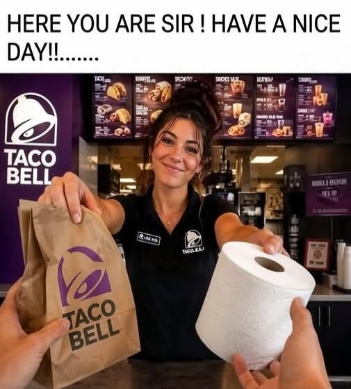 HERE YOU ARE SIR ! HAVE A NICE DAY! TACO BELL