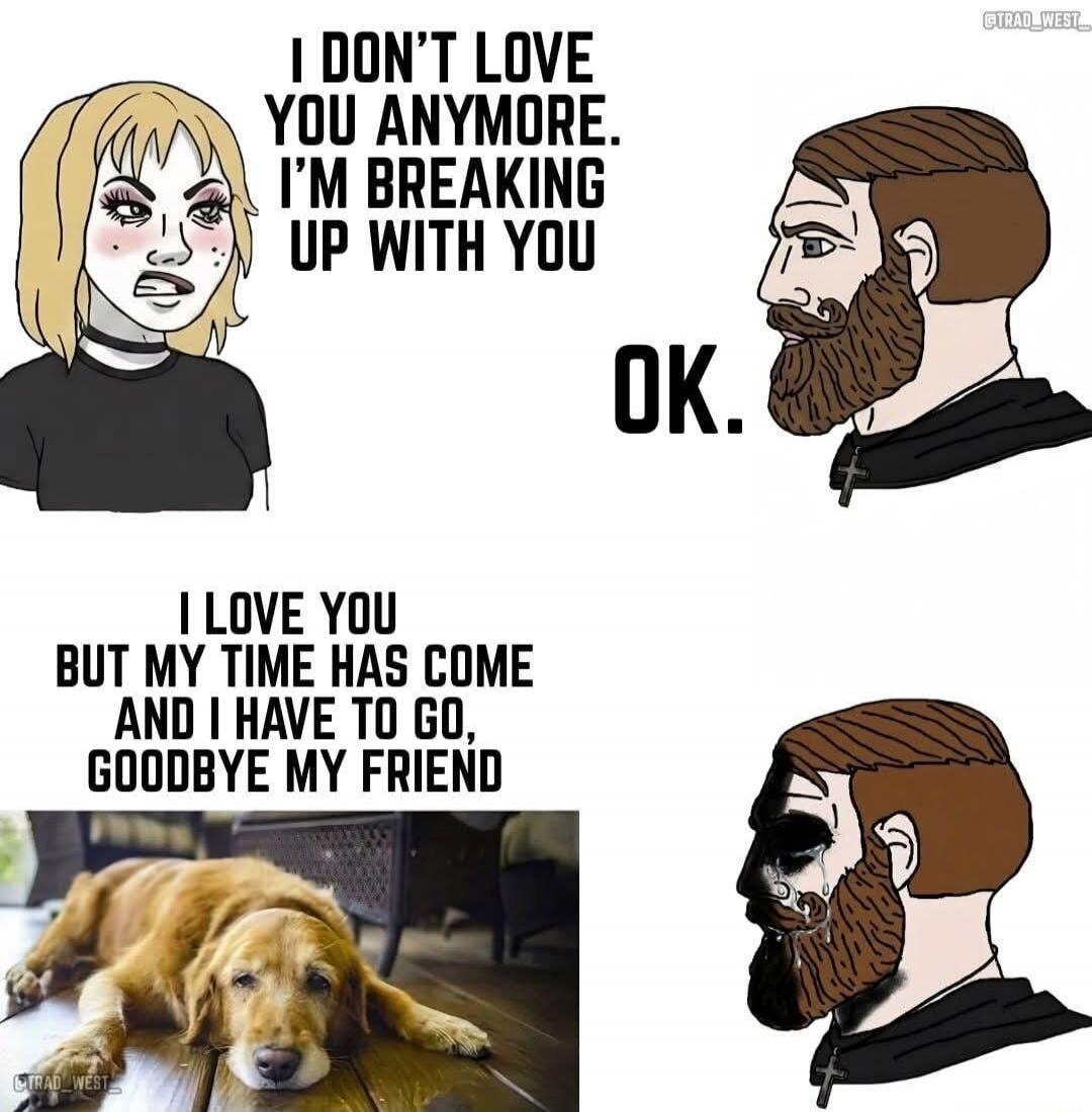 I DON'T LOVE YOU ANYMORE. I'M BREAKING UP WITH YOU. OK. I LOVE YOU BUT MY TIME HAS COME AND I HAVE TO GO, GOODBYE MY FRIEND.