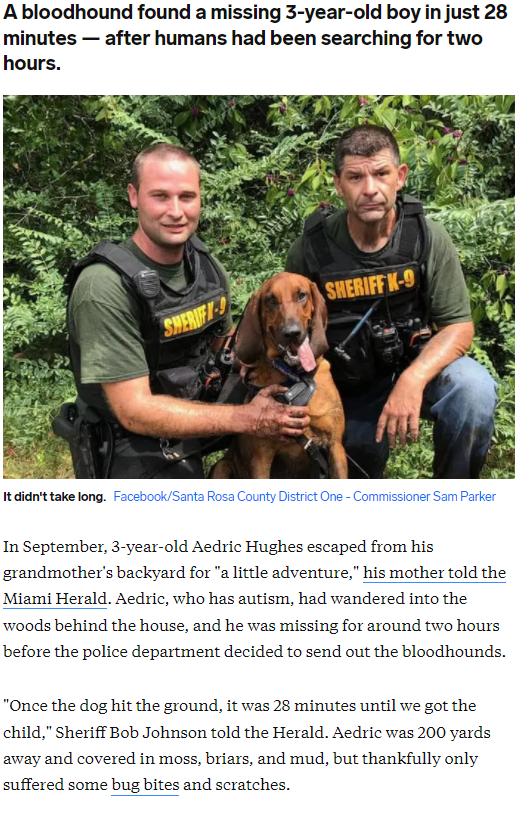 A bloodhound found a missing 3 year old boy in just 28 minutes after humans had been searching for two hours e It didnttake long FacebookSanta Rosa County District One Commissioner Sam Parker In September 3 year old Aedric Hughes escaped from his grandmothers backyard for a little adventure his mother told the Miami Herald Aedric who has autism had wandered into the woods behind the house and he w