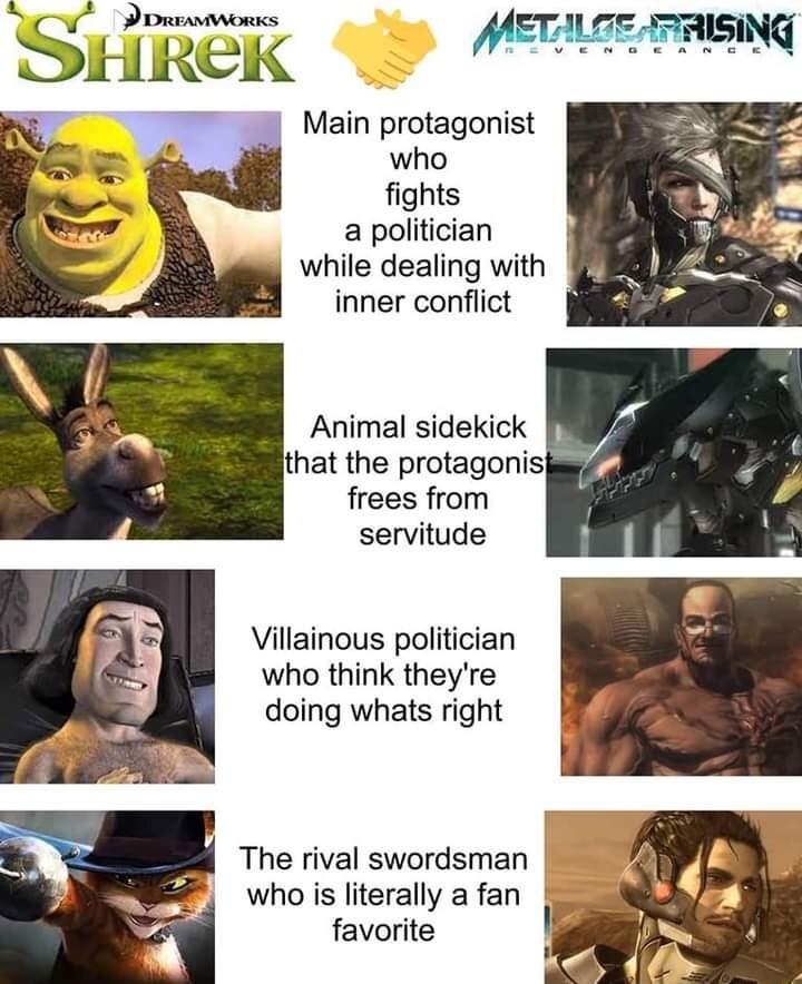 Main protagonist who fights a politician while dealing with inner conflict Animal sidekick that the protagonis frees from servitude Villainous politician who think theyre doing whats right The rival swordsman who is literally a fan favorite