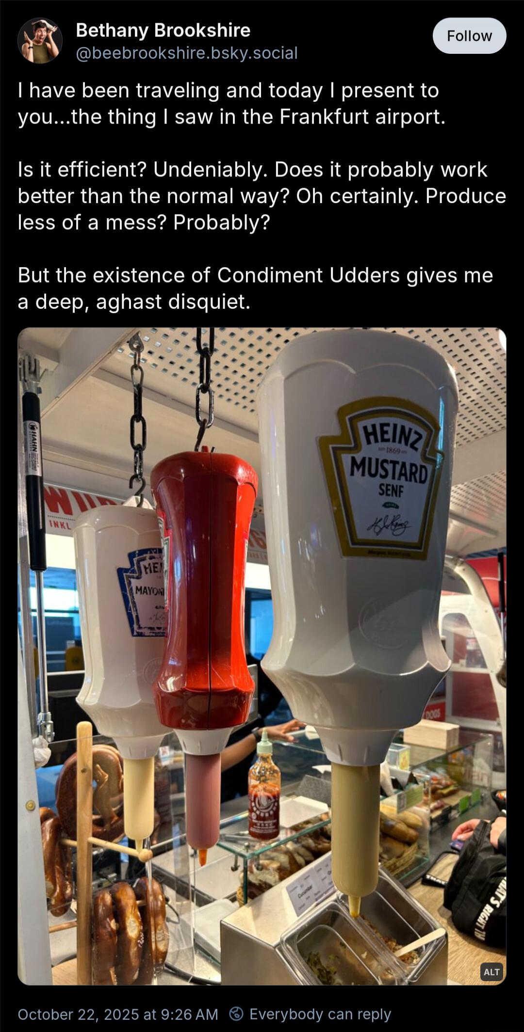 I have been traveling and today I present to you...the thing I saw in the Frankfurt airport. Is it efficient? Undeniably. Does it probably work better than the normal way? Oh certainly. Produce less of a mess? Probably? But the existence of Condiment Udders gives me a deep, aghast disquiet.