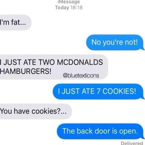imessage Today 1818 m fat No youre not JUST ATE TWO MCDONALDS HAMBURGERS o JUST ATE 7 COOKIES You have cookies The back door is Dalivarad