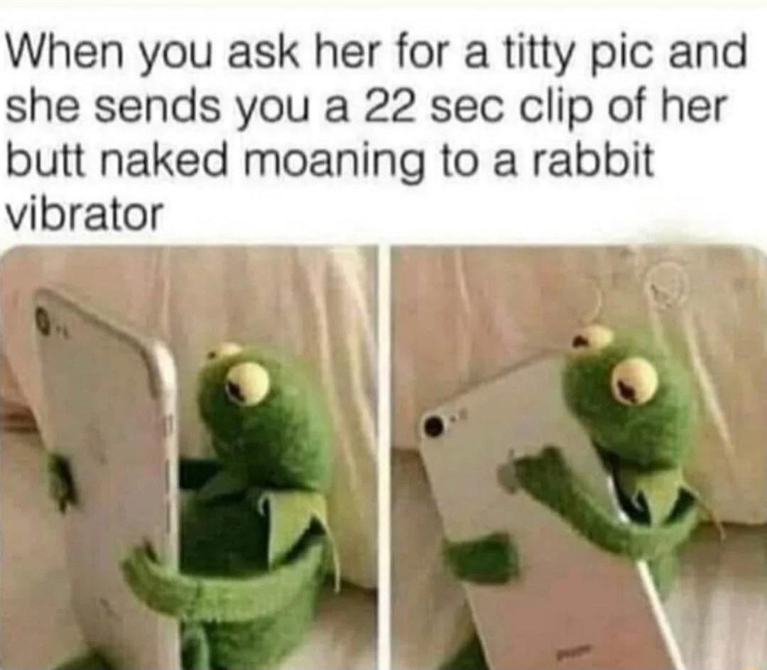 When you ask her for a titty pic and she sends you a 22 sec clip of her butt naked moaning to a rabbit vibrator
