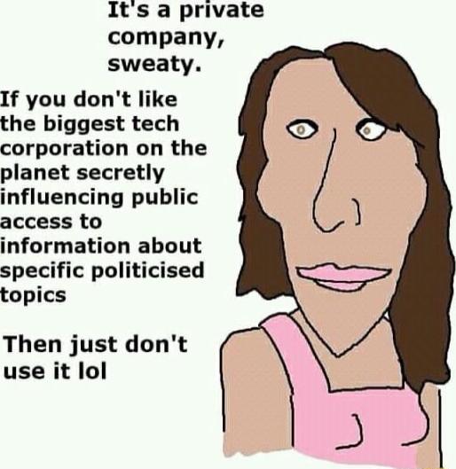 Its a private company sweaty If you dont like the biggest tech corporation on the planet secretly influencing public access to information about specific politicised topics Then just dont use it lol