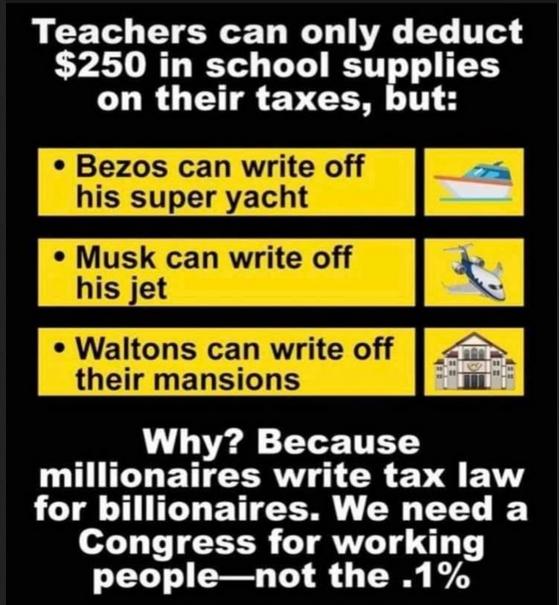 Teachers can only deduct 250 in school sugplues on their taxes but L L L TTETS QUG L ETTCERI G R g EY for billionaires We need a Congress for working LTI R T R T 0 D7