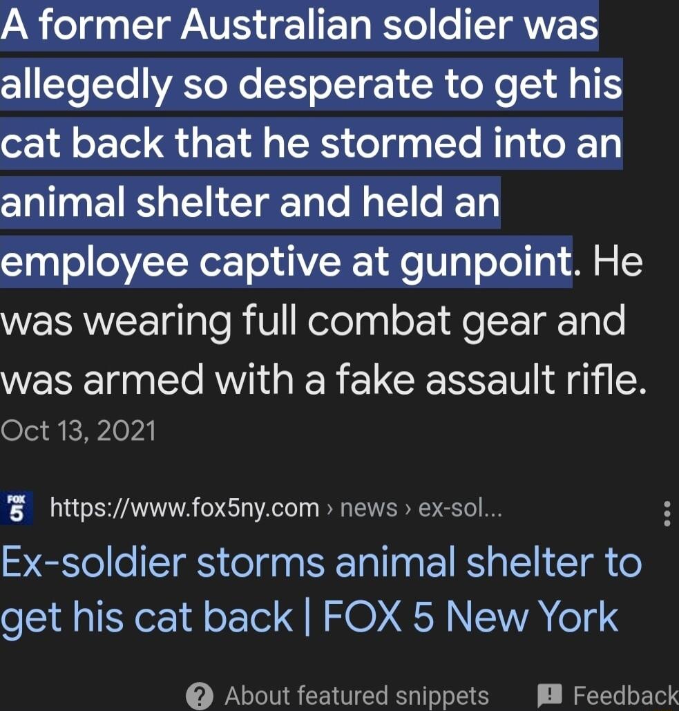 A ol AV ETa KTl o TV ClITeTo WA Re oI 1 R e Xe S I cat back that he stormed into an animal shelter and held an employee captive at gunpoint He WESRWEE gTalo RVl Kefolggl o Ao E Tk aTe was armed with a fake assault rifle Oct 13 2021 T httpswwwfox5nycom news ex sol s D o TRS elaa SITal g g IR g TY T o get his cat back FOX 5 New York About featured snippets Feedback