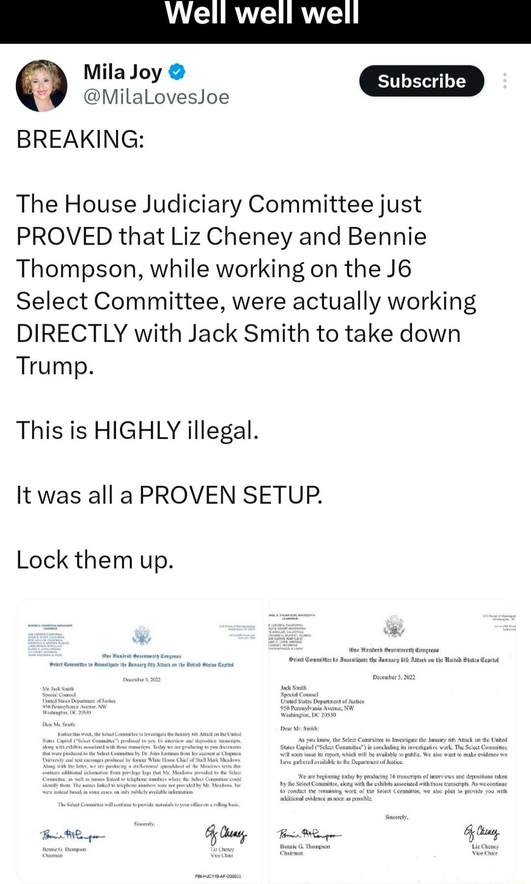 BREAKING:\n\nThe House Judiciary Committee just PROVED that Liz Cheney and Bennie Thompson, while working on the J6 Select Committee, were actually working DIRECTLY with Jack Smith to take down Trump.\n\nThis is HIGHLY illegal.\n\nIt was all a PROVEN SETUP.\n\nLock them up.