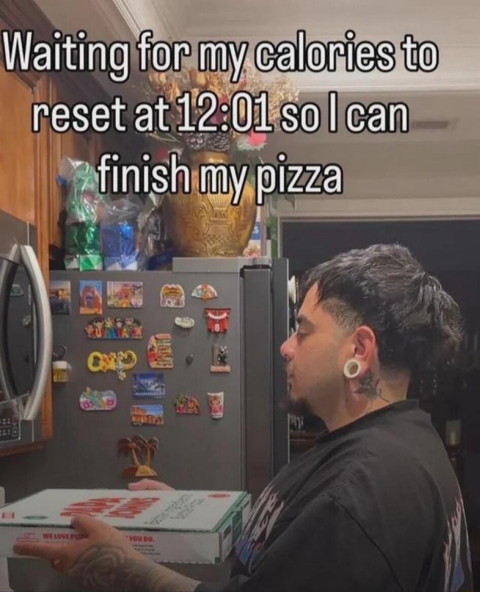 Waiting for my calories to reset at 12:01 so I can finish my pizza
