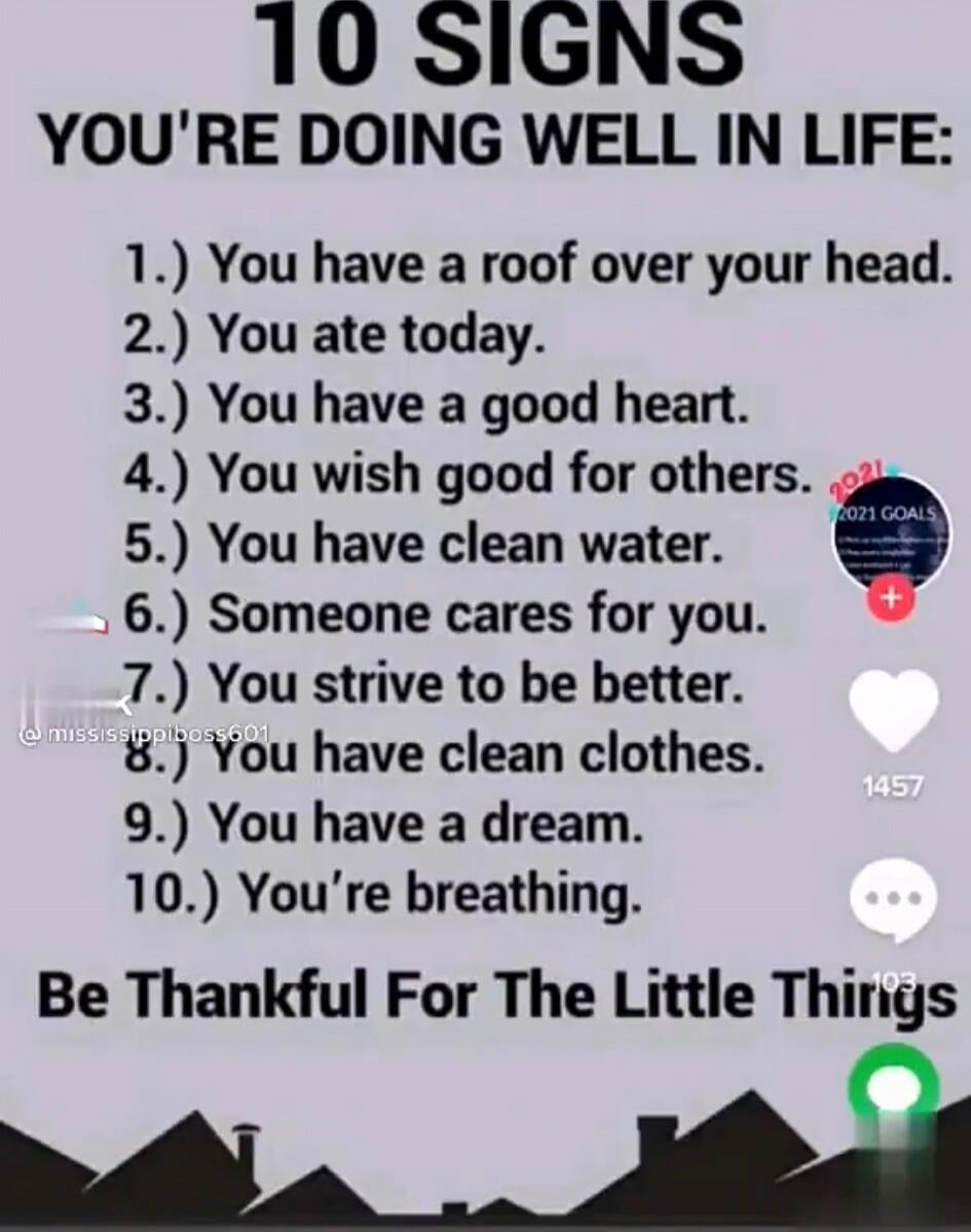 10 SIGNS YOU'RE DOING WELL IN LIFE:
1.) You have a roof over your head.
2.) You ate today.
3.) You have a good heart.
4.) You wish good for others.
5.) You have clean water.
6.) Someone cares for you.
7.) You strive to be better.
8.) You have clean clothes.
9.) You have a dream.
10.) You’re breathing.
Be Thankful For The Little Things