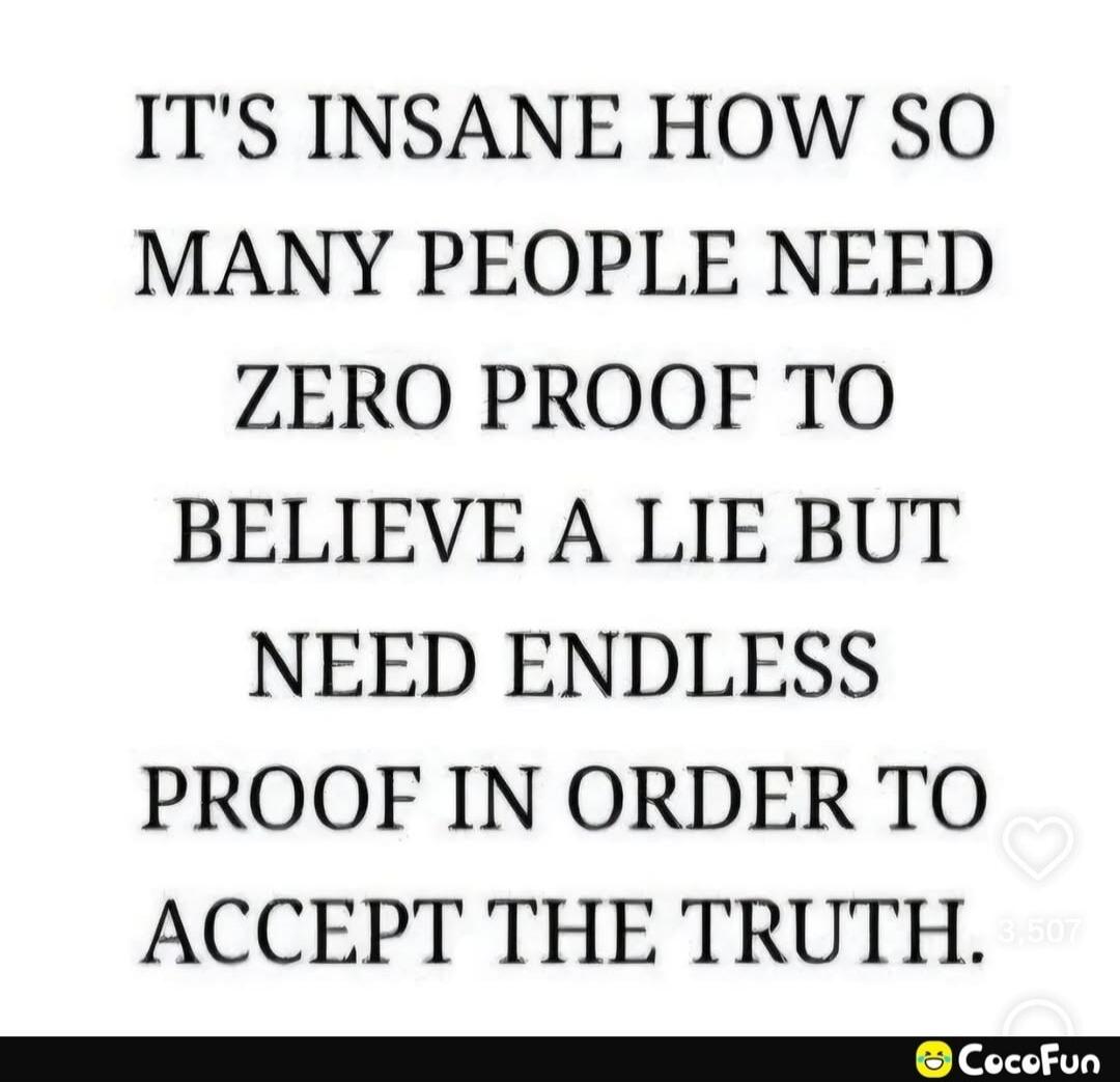 IT'S INSANE HOW SO MANY PEOPLE NEED ZERO PROOF TO BELIEVE A LIE BUT NEED ENDLESS PROOF IN ORDER TO ACCEPT THE TRUTH.