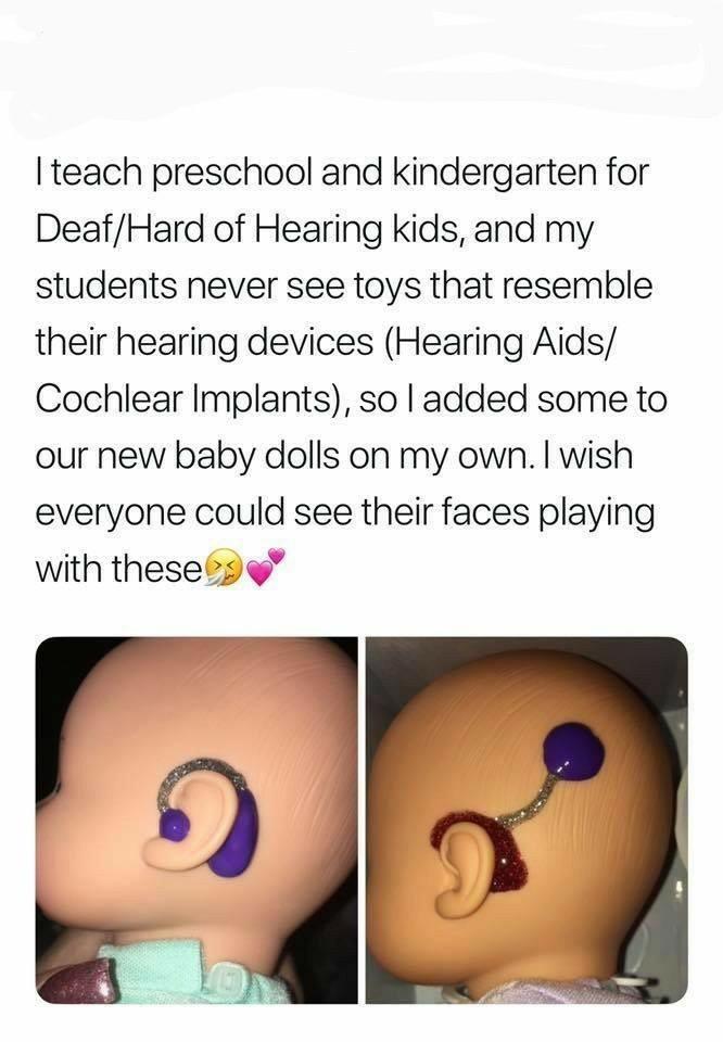 I teach preschool and kindergarten for DeafHard of Hearing kids and my students never see toys that resemble their hearing devices Hearing Aids Cochlear Implants so added some to our new baby dolls on my own wish everyone could see their faces playing with thesets