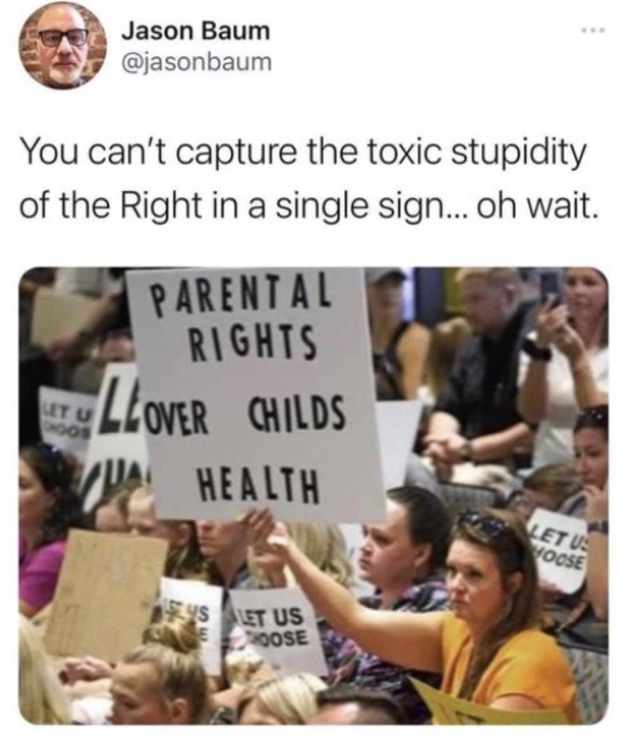 uy Jason Baum 3y jasonbaum You cant capture the toxic stupidity of the Right in a single sign oh wait