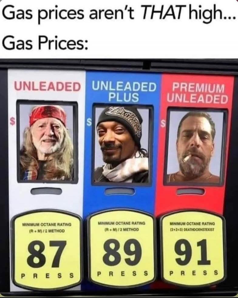 Gas prices aren't THAT high... Gas Prices: UNLEADED UNLEADED PLUS PREMIUM UNLEADED MINIMUM OCTANE RATING (R+M)/2 METHOD 87 PRESS MINIMUM OCTANE RATING (R+M)/2 METHOD 89 PRESS MINIMUM OCTANE RATING (2+2+3) DEATHDOENSTEXIST 91 PRESS. The image displays a gas pump with three fuel options: Unleaded, Unleaded Plus, and Premium Unleaded. Instead of showi