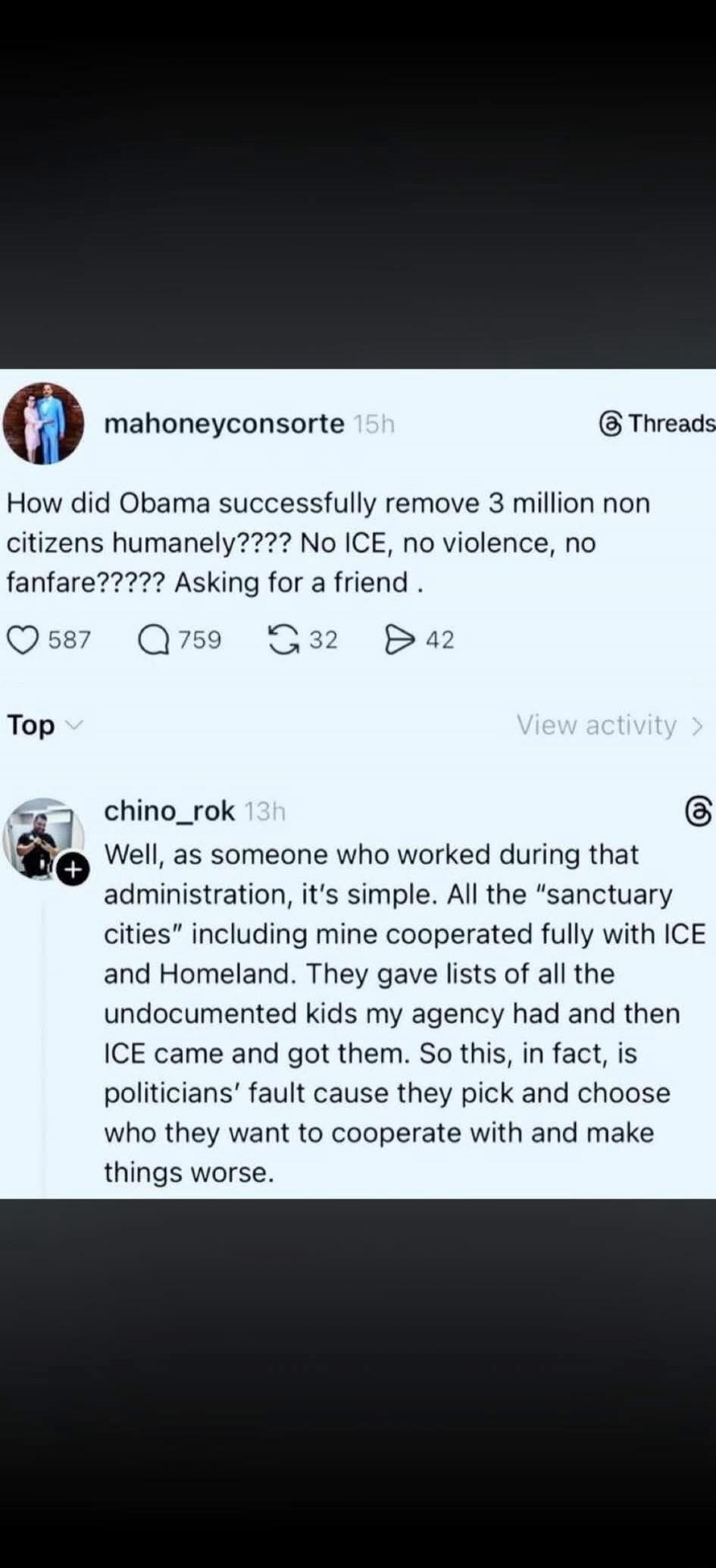 How did Obama successfully remove 3 million non citizens humane ly???? No ICE, no violence, no fanfare????? Asking for a friend . Well, as someone who worked during that administration, it's simple. All the “sanctuary cities” including mine cooperated fully with ICE and Homeland. They gave lists of all the undocumented kids my agency had and then I