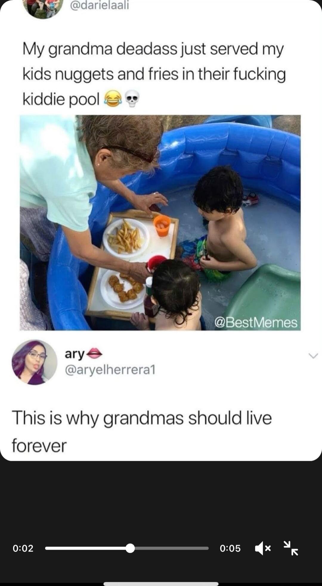 My grandma deadass just served my kids nuggets and fries in their fucking kiddie pool This is why grandmas should live forever