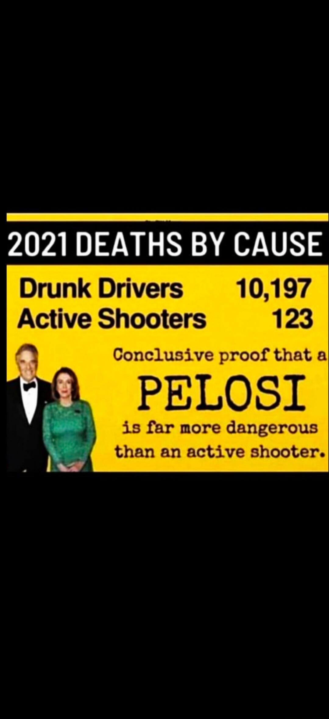 2021 DEATHS BY CAUSE Drunk Drivers 10,197 Active Shooters 123 Conclusive proof that a PELOSI is far more dangerous than an active shooter.