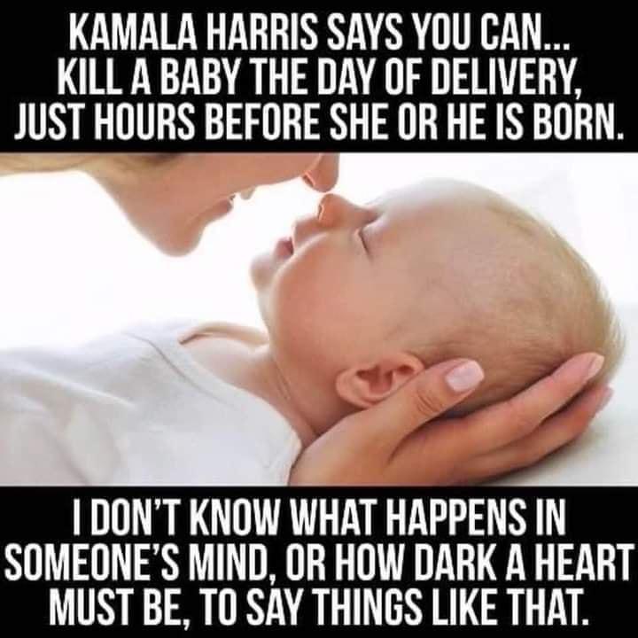 KAMALA HARRIS SAYS YOU CAN KILL A BABY THE DAY OF DELIVERY JUST HOURS BEFORE SHE OR HE IS BORN DONT KNOW WHAT HAPPENS IN SOMEONES MIND OR HOW DARK A HEART MUST BE TO SAY THINGS LIKE THAT