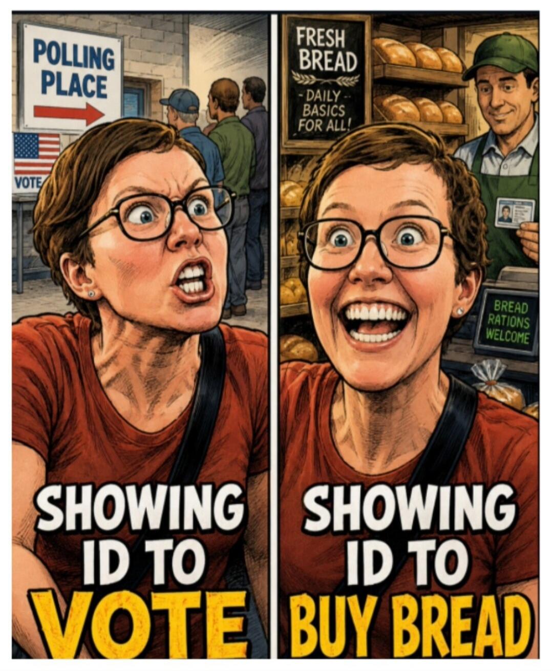 POLLING PLACE VOTE SHOWING ID TO VOTE FRESH BREAD DAILY BASICS FOR ALL! BREAD RATIONS WELCOME SHOWING ID TO BUY BREAD