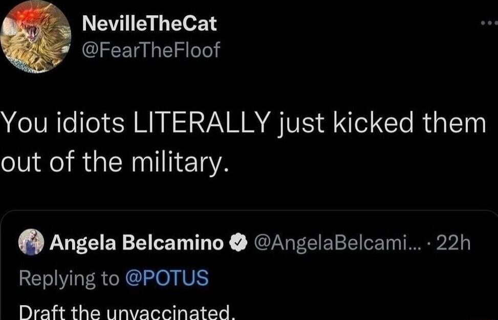 NevilleTheCat FearTheFloof You idiots LITERALLY just kicked them out of the military Angela Belcamino AngelaBelcami 22h Replying to POTUS Draft the unvaccinated