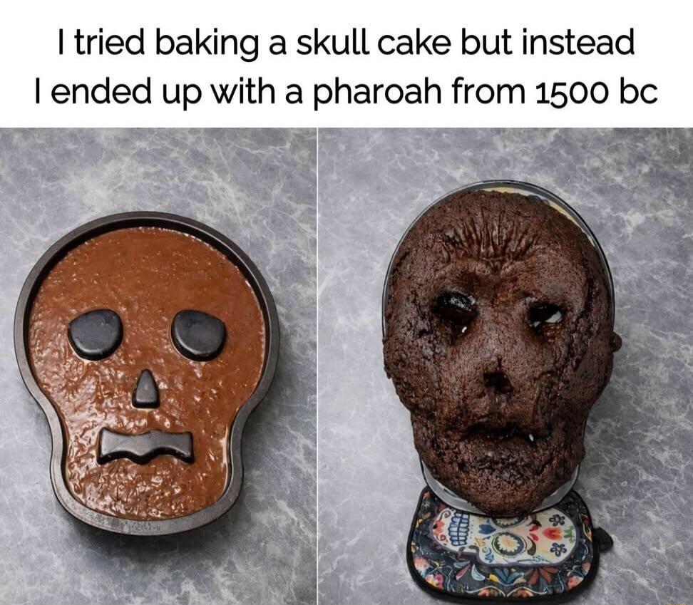 I tried baking a skull cake but instead I ended up with a pharaoh from 1500 bc