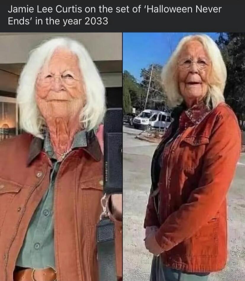Jamie Lee Curtis on the set of Halloween Never Ends in the year 2033
