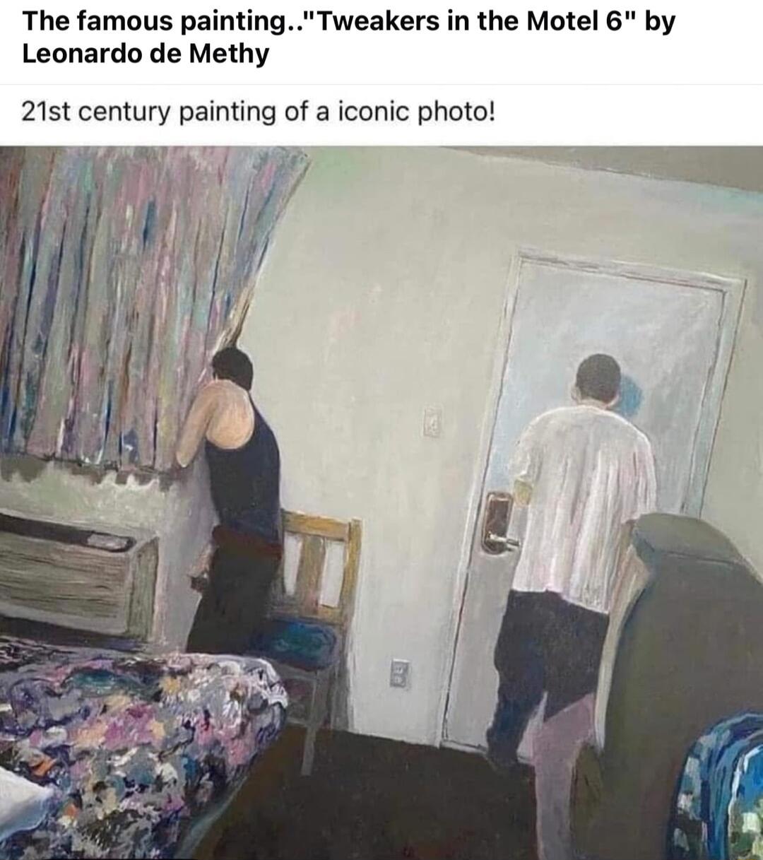 The famous painting Tweakers in the Motel 6 by Leonardo de Methy 21st century painting of iconic photo