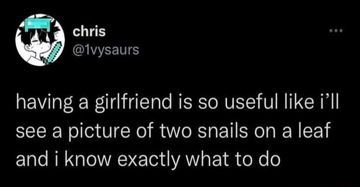 chris EETS having a girlfriend is so useful like ill see a picture of two snails on a leaf and i know exactly what to do