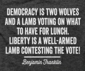 DEMOCRACY IS TWO WOLVES AND A LAMB VOTING ON WHAT TO HAVE FOR LUNCH. LIBERTY IS A WELL-ARMED LAMB CONTESTING THE VOTE! Benjamin Franklin