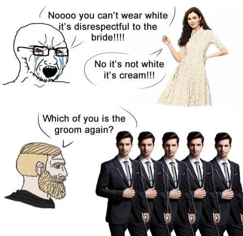 Noooo you cant wear white its disrespectful to the bridei 2 y No its not white its cream Which of you is the groom again