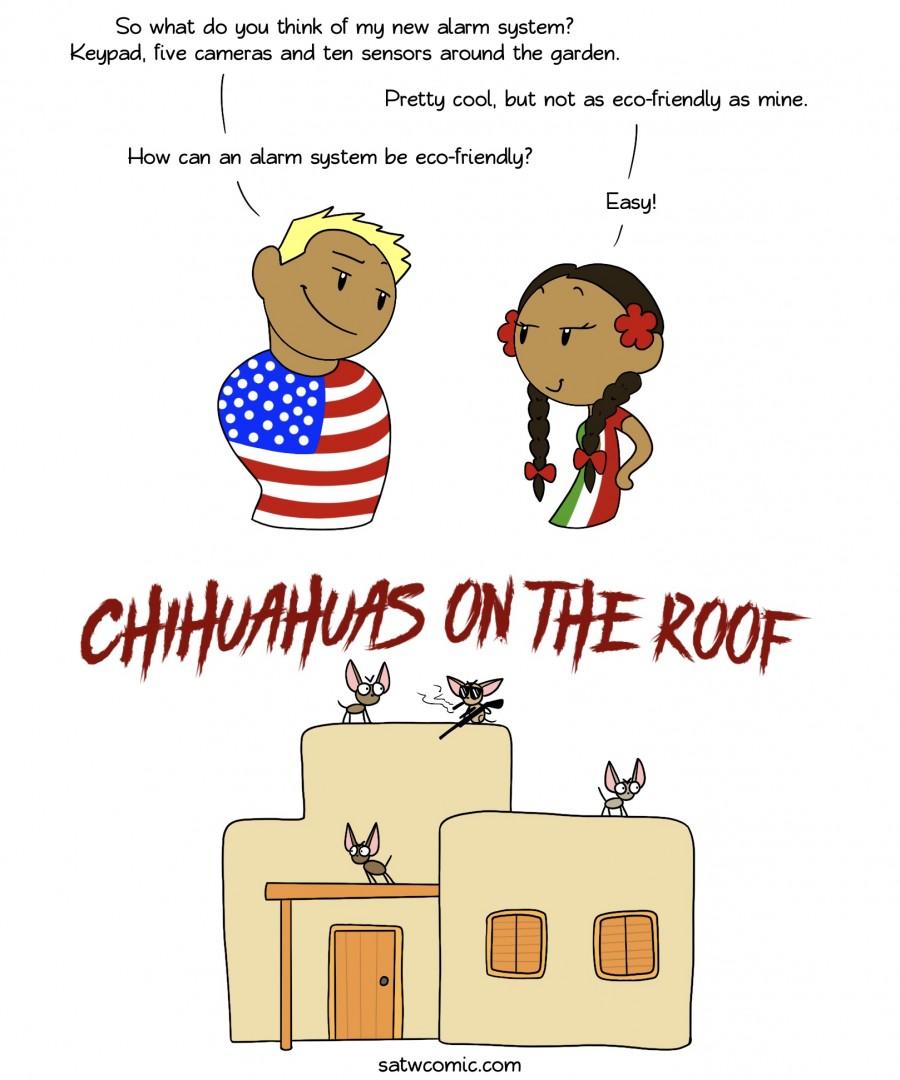 So what do you think of my new alarm system Keypad five cameras and ten sensors around the garden Pretty cool but not as eco friendly as mine How can an alarm system be eco friendly Easy satwcomiccom