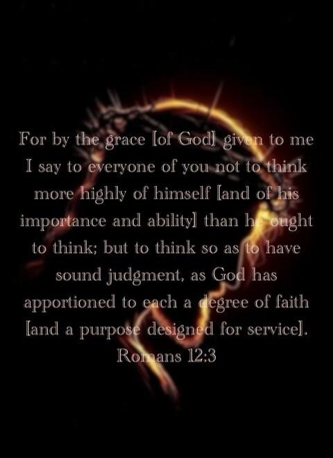 For by the grace of God given to me I say to everyone of you not to think more highly of himself [and of his importance and ability] than he ought to think; but to think so as to have sound judgment, as God has apportioned to each a degree of faith and a purpose designed for service. Romans 12:3