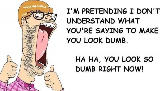 I'M PRETENDING I DON'T UNDERSTAND WHAT YOU'RE SAYING TO MAKE YOU LOOK DUMB. HA HA, YOU LOOK SO DUMB RIGHT NOW!
