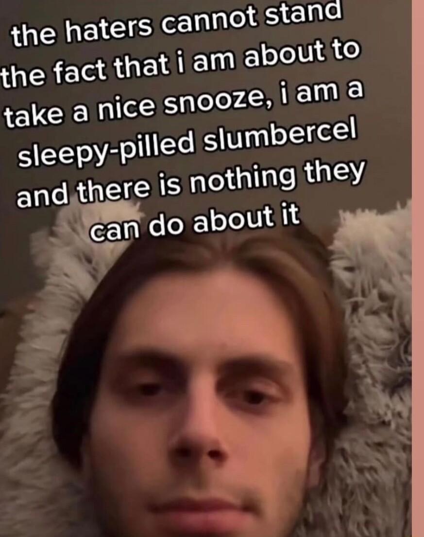 the haters cannot stand the fact that i am aboutto HETWG take a nice snooze sleepypilled slumbercel andithere is nothing they can do about it s e 3