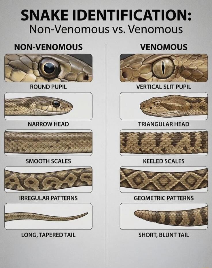 SNAKE IDENTIFICATION: Non-Venomous vs. Venomous. NON-VENOMOUS: ROUND PUPIL, NARROW HEAD, SMOOTH SCALES, IRREGULAR PATTERNS, LONG, TAPERED TAIL. VENOMOUS: VERTICAL SLIT PUPIL, TRIANGULAR HEAD, KEELED SCALES, GEOMETRIC PATTERNS, SHORT, BLUNT TAIL.