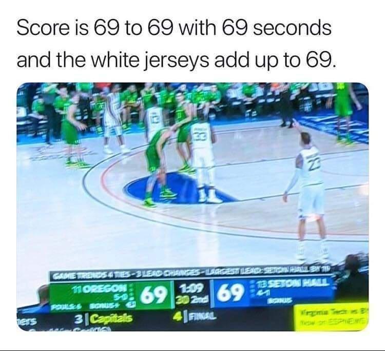Score is 69 to 69 with 69 seconds and the white jerseys add up to 69 f 54 1 e _7