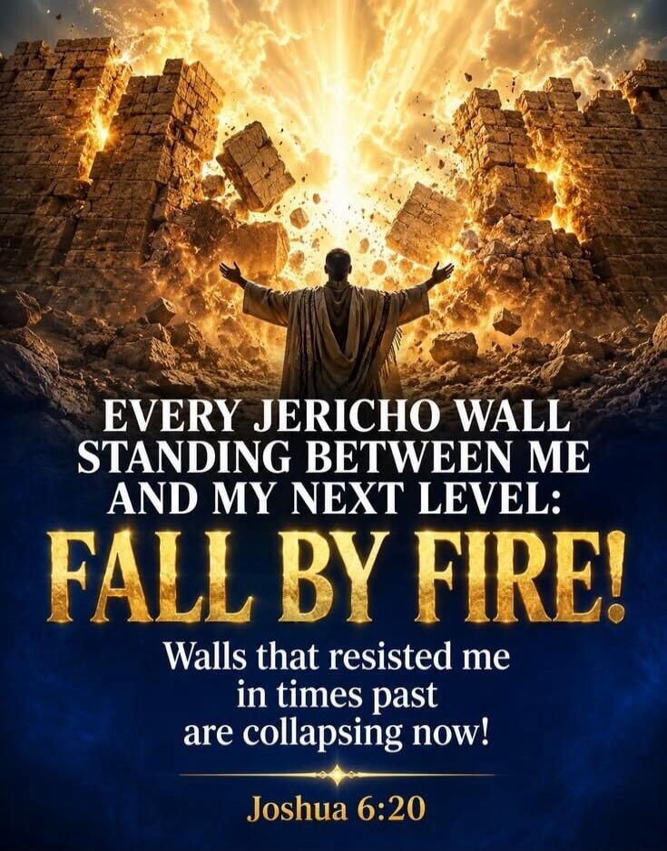 EVERY JERICHO WALL STANDING BETWEEN ME AND MY NEXT LEVEL: FALL BY FIRE! Walls that resisted me in times past are collapsing now! Joshua 6:20